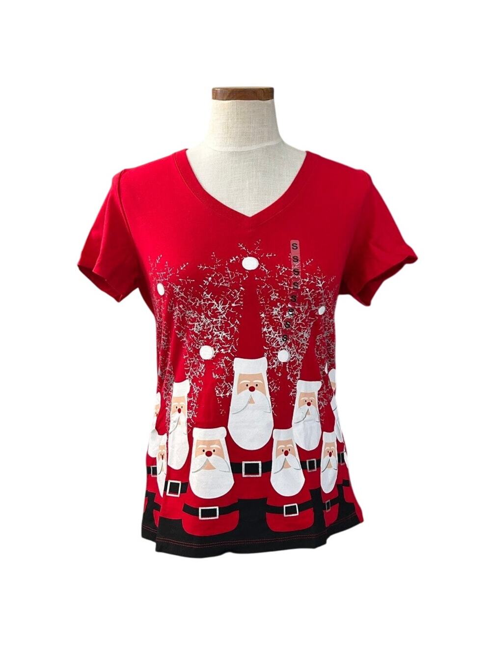 NWT Needy Me Santa Claus Novelty Print Size S Christmas V-Neck Tee Holiday Red